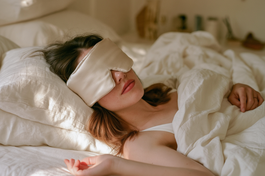 Evening skincare and silk sleep mask on soft bedding