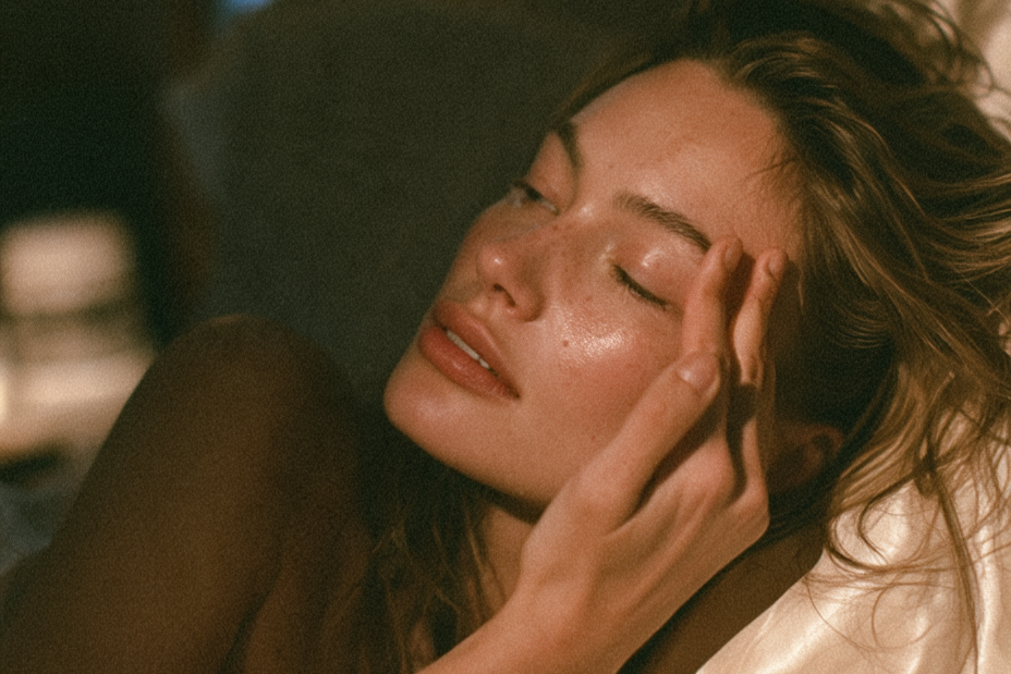 Woman resting in bed wearing a full-coverage silk sleep mask